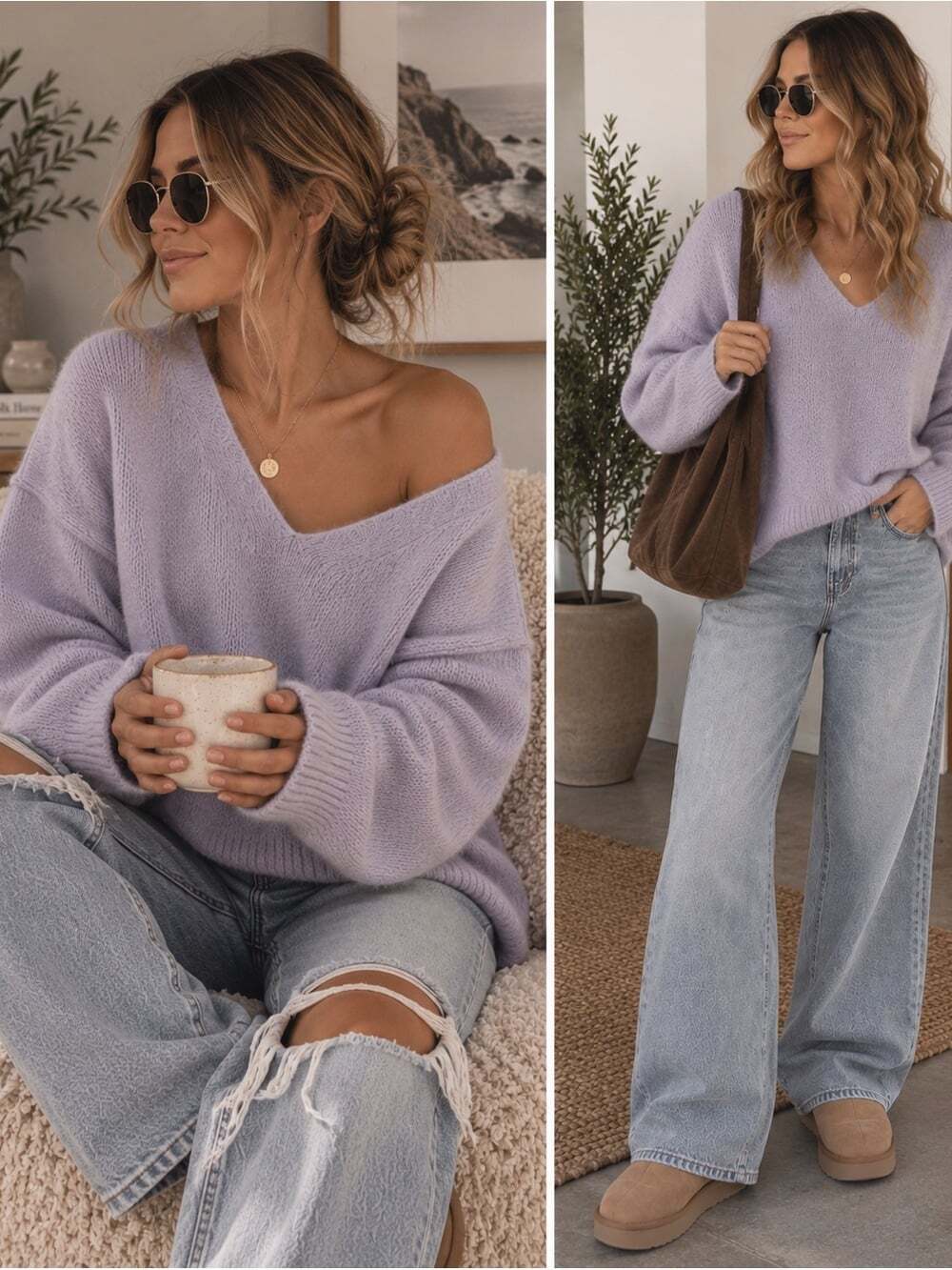 ESQUALO Lilac Mohair Wool Blend Luxury Oversized V-Neck Sweater Size Small